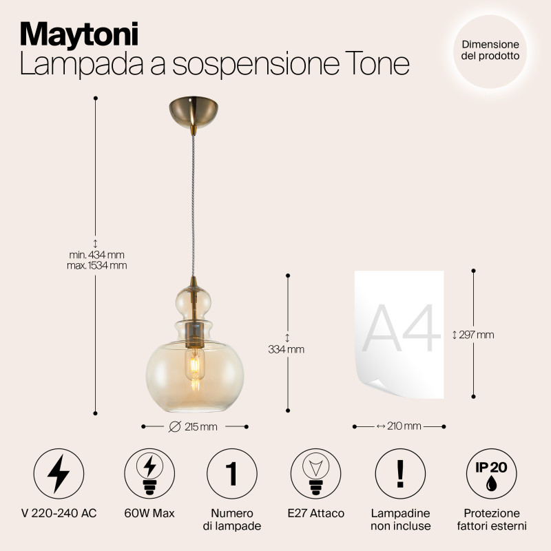 Подвесной светильник Maytoni Tone P003PL-01BZ, янтарный, диаметр 22 см