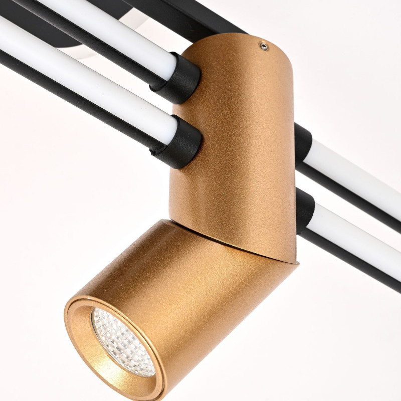 Потолочный светильник Favourite Cosmical 4070-4U, L600*W600*H210, потолочный светильник черного цвета в  сочетании с золотыми поворотными спотами на каркасе, встроенные ленты LED по периметру. Пульт управления цветом