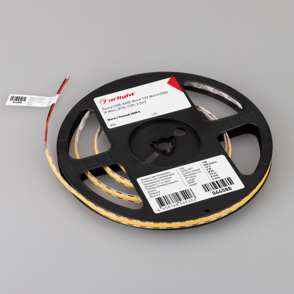 Лента COB-X400-8mm 12V Warm3500 (9 W/m, IP20, CSP, 2.5m), Arlight 044588. Цена указана за 2,5 метров. Продается кратно 2,5 метрам.
