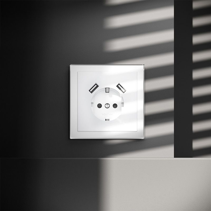Розетка встраиваемая Voltum S70 с заземлением и защитными шторками, 16А, с USB, A+A, белый  пластик  VLS040401