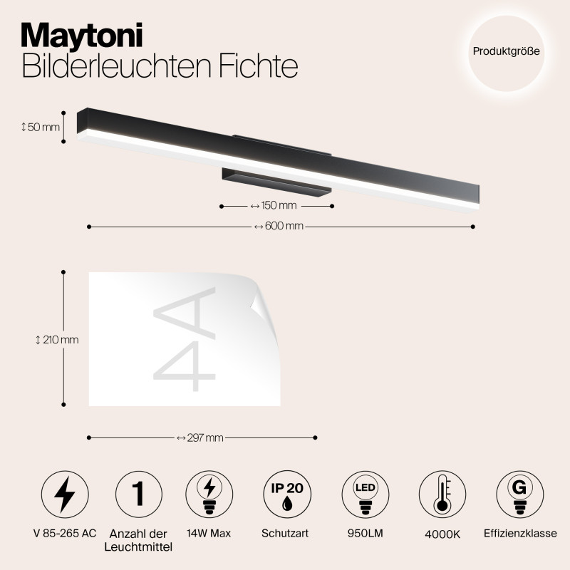 Подсветка 60 см Maytoni Fichte MIR012WL-L14B4K, 14W LED, 4000K, черный
