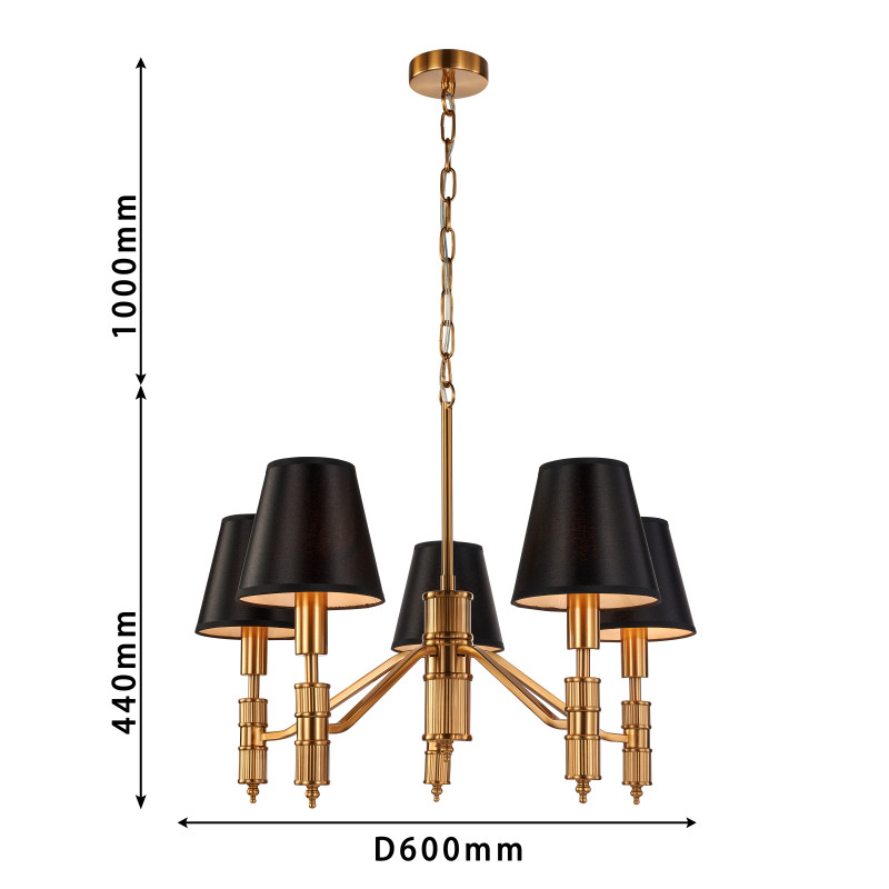 Подвесная люстра Favourite Flagship 2933-5P, D600*H440/1525, античной латуни, плафоны из черной атласной ткани