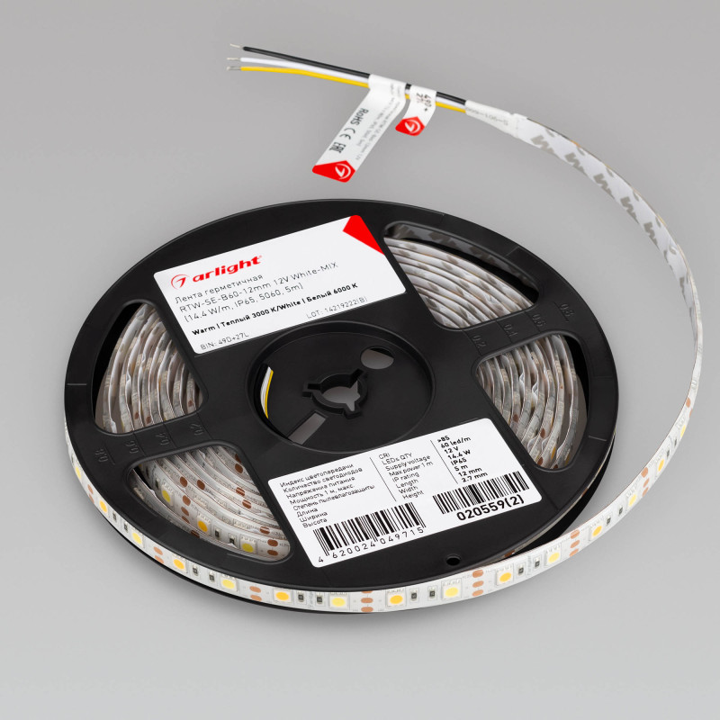 Лента герметичная RTW-SE-B60-12mm 12V White-MIX (14.4 W/m, IP65, 5060, 5m) (Arlight, Изменяемая ЦТ) 020559(2). Цена указана за 5 метров. Продается кратно 5 метрам.