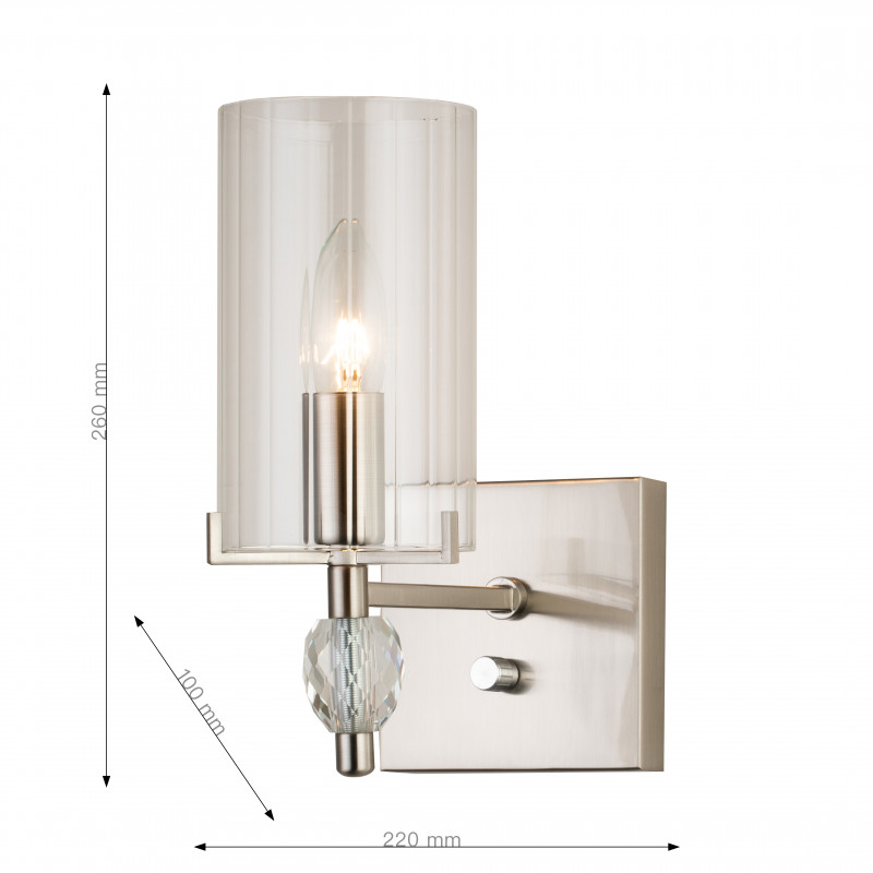 Бра Favourite Stine 2704-1W, D220*W100*H260, никель, плафон из прозрачного узорного стекла, декоративные элементы из прозрачного хрусталя, управление с помощью диммера