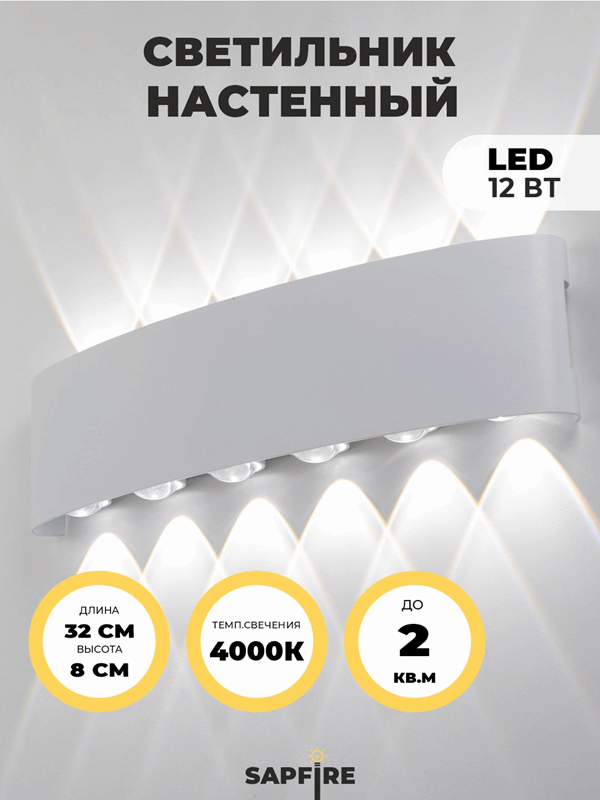 Светильник  настенный SAPFIR SPF-4811 WHITE/БЕЛЫЙ D320*80/H45/1/LED/12W/4000K IP65 TWIN 22-07 (1/30)
