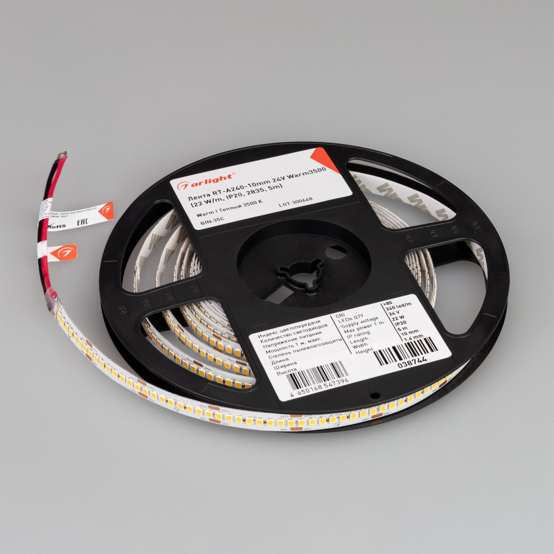 Лента RT-A240-10mm 24V Warm3500 (22 W/m, IP20, 2835, 5m) (Arlight, высок.эфф.150 лм/Вт) 038744. Цена указана за 5 метров. Продается кратно 5 метрам.