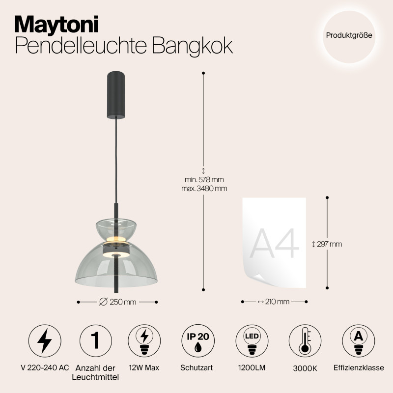 Подвесной светильник  25*57,8 см, LED 12W, 3000К, Черный Maytoni Bangkok MOD185PL-L11B3K2