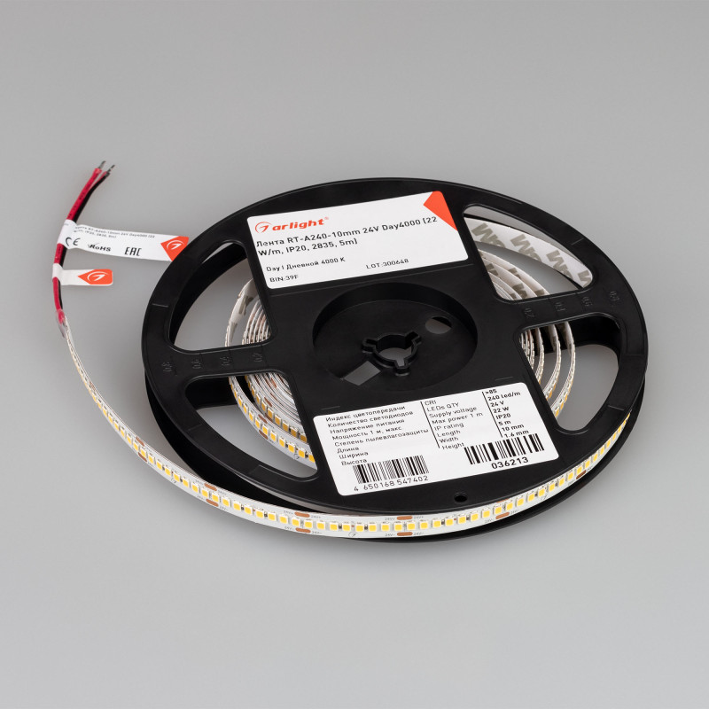 Лента RT-A240-10mm 24V Day4000 (22 W/m, IP20, 2835, 5m) (Arlight, высок.эфф.150 лм/Вт) 036213. Цена указана за 5 метров. Продается кратно 5 метрам.