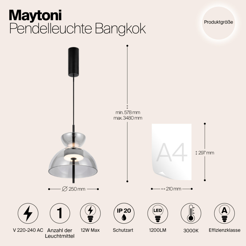 Подвесной светильник  25*57,8 см, LED 1 12W, 3000К, Черный Maytoni Bangkok MOD185PL-L6B3K5