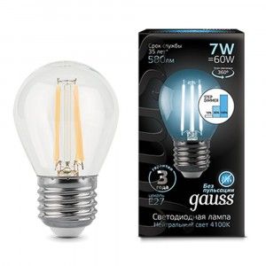 105802207-S Лампа Gauss Filament Шар 7W 580lm 4100К Е27 шаг. диммирование LED 1/10/50