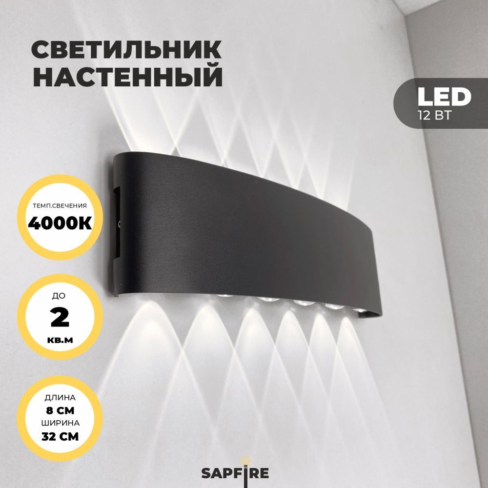 Светильник настенный SAPFIR SPF-4812 BLACK/ЧЕРНЫЙ  D320*80/H45/1/LED/12W/4000K IP65 TWIN 24-07