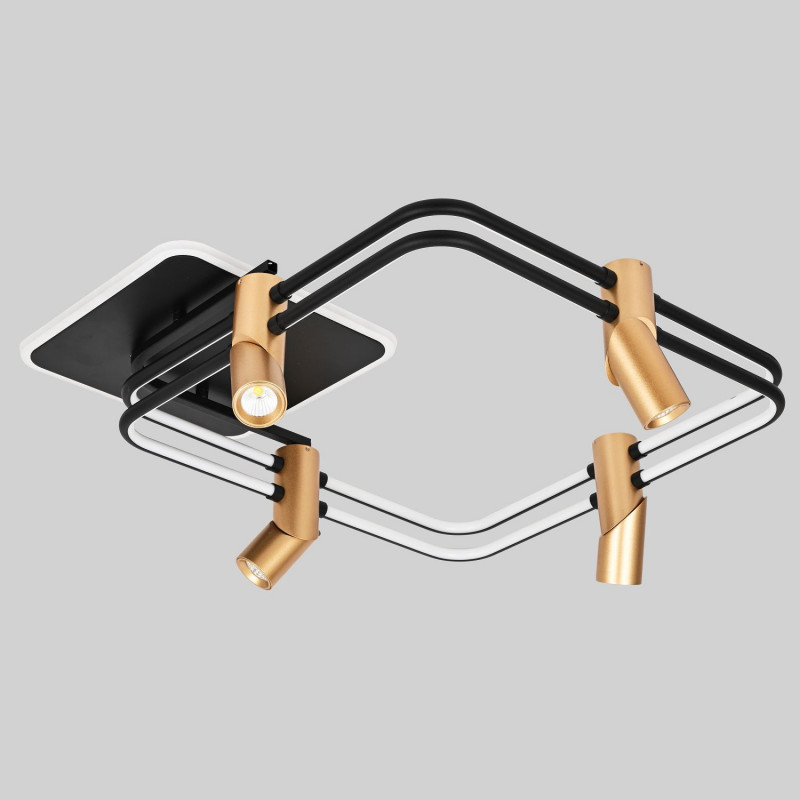 Потолочный светильник Favourite Cosmical 4070-4U, L600*W600*H210, потолочный светильник черного цвета в  сочетании с золотыми поворотными спотами на каркасе, встроенные ленты LED по периметру. Пульт управления цветом