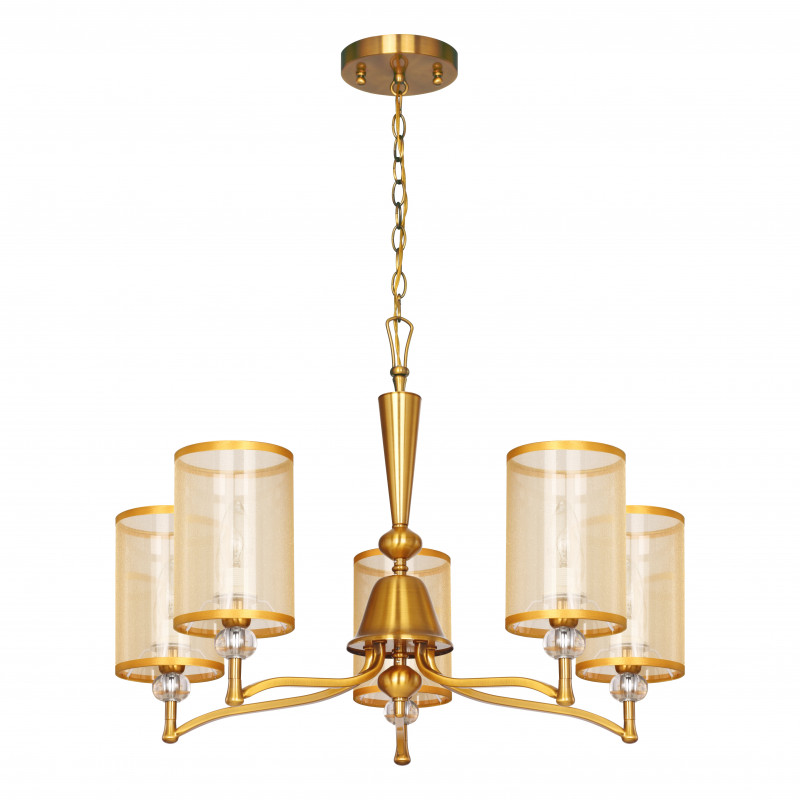 Подвесная люстра Favourite Laguna 2697-5P, D680*H500/1125, античной латуни, абажуры из органзы цвета шампанского, декоративные элементы из прозрачного стекла, люстру можно монтировать как плафонам