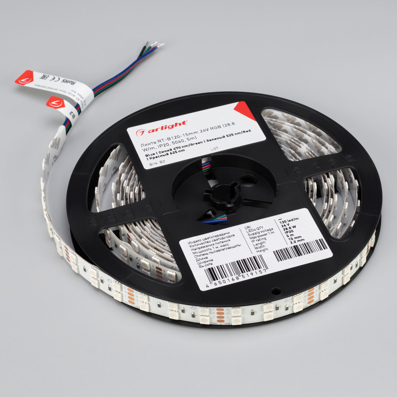 Лента RT-B120-15mm 24V RGB (28.8 W/m, IP20, 5060, 5m) (Arlight, Открытый) 011205(2). Цена указана за 5 метров. Продается кратно 5 метрам.