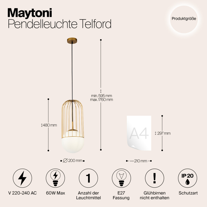 Подвесной светильник Maytoni Telford P363PL-01G, золото, диаметр 20 см