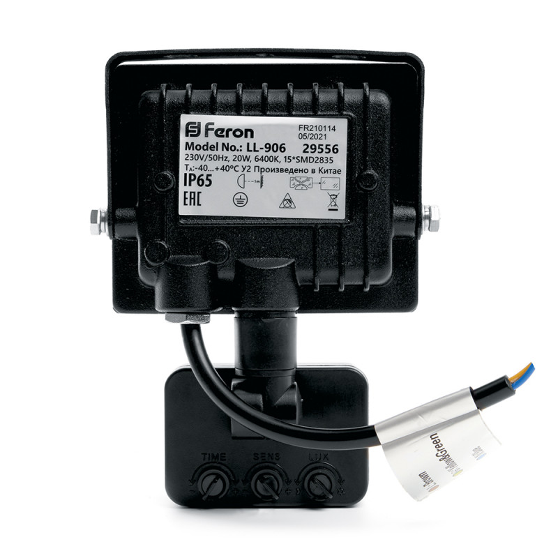 Прожектор светодиодный с датчиком движения 20W 6400K 230V черный IP44, LL-906 Feron 29556