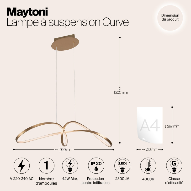 Светодиодный светильник 92 см, 42W, 4000K, Maytoni MOD156PL-L52G4K, золото
