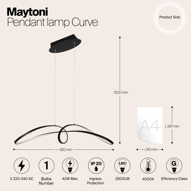 Светодиодный светильник 92 см, 42W, 4000K, Maytoni MOD156PL-L52B4K, черный