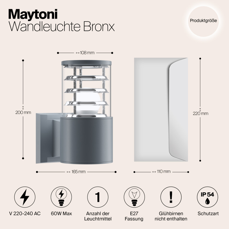 Светильник 20 см, Maytoni Bronx O576WL-01GR, серый