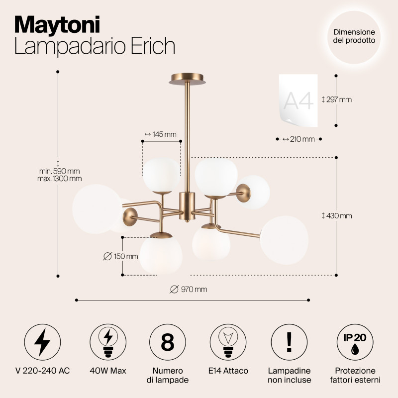Люстра подвесная Maytoni Erich MOD221-PL-08-G, белый/золото