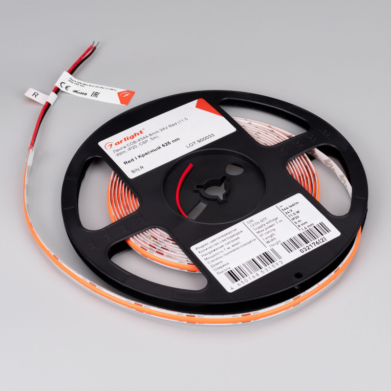 Лента COB-X544-8mm 24V Red (11.5 W/m, IP20, CSP, 5m) (Arlight, 11.5 Вт/м, IP20) 032176(2). Цена указана за 5 метров. Продается кратно 5 метрам.