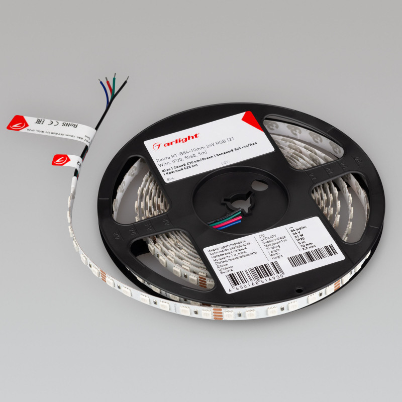 Лента RT-B84-10mm 24V RGB (21 W/m, IP20, 5060, 5m) (Arlight, Открытый) 021475(2). Цена указана за 5 метров. Продается кратно 5 метрам.