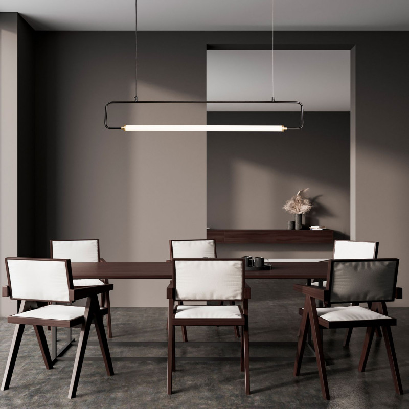 Подвесная люстра Favourite Inspire 4100-1P, L1000*W30*H150/1650, каркас матового черного цвета с золотыми декоративными элементами, белый акриловый рассеиватель, часть каркаса фиксируется тросиком для баланса