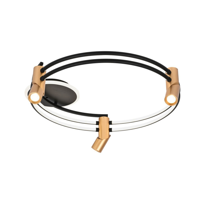 Потолочный светильник Favourite Cosmical 4071-3U, L680*W600*H210, потолочный светильник черного цвета в  сочетании с золотыми поворотными спотами на каркасе, встроенные ленты LED по периметру. Пульт управления цветом