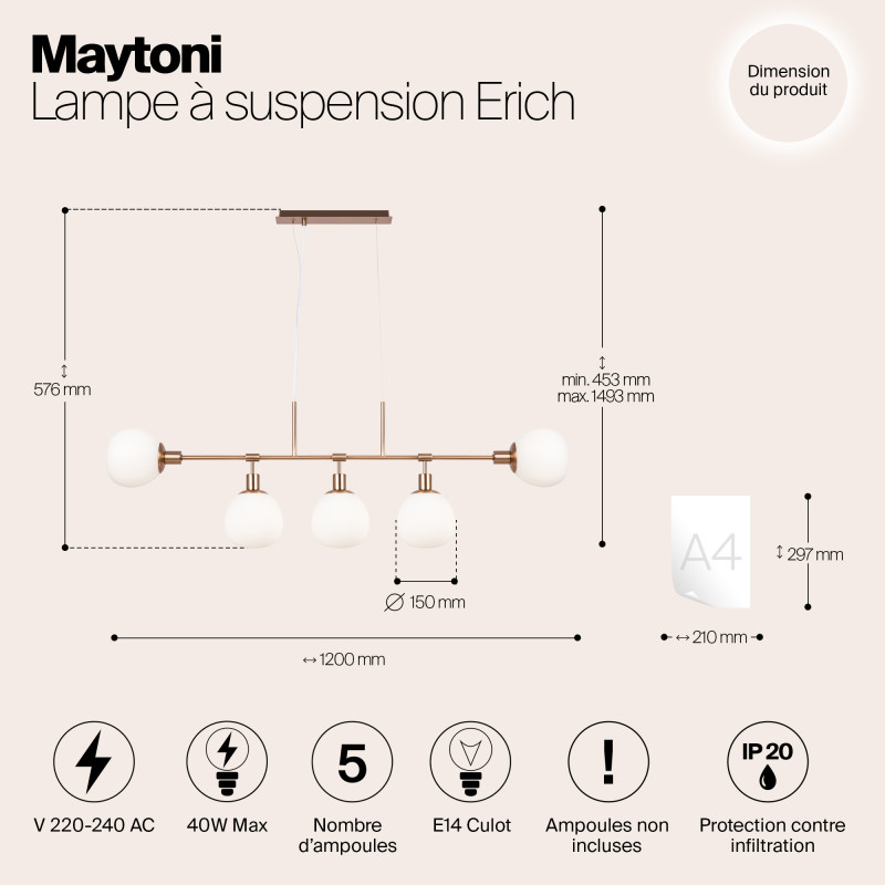 Светильник подвесной Maytoni Erich MOD221-PL-05-G, белый/золото