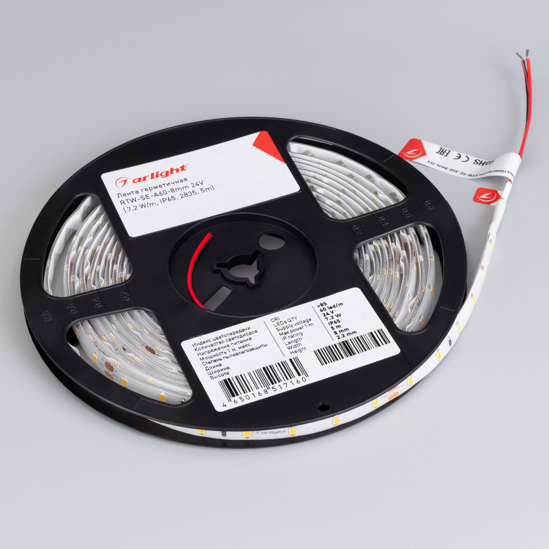 Лента герметичная RTW-SE-A60-8mm 24V Warm3000 (7.2 W/m, IP65, 2835, 5m), Arlight 020525(2). Цена указана за 5 метров. Продается кратно 5 метрам.