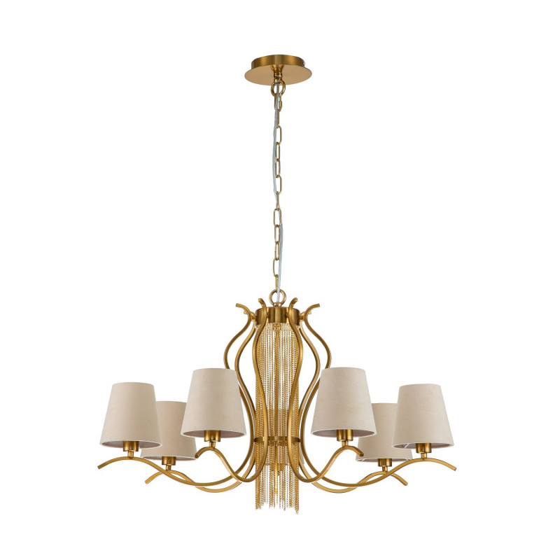 Подвесная люстра Favourite Ketten 2867-7P, D750*H430/1430, латунь, плафоны из велюровой ткани кремового цвета, декоративный элемент в виде латунных цепочек