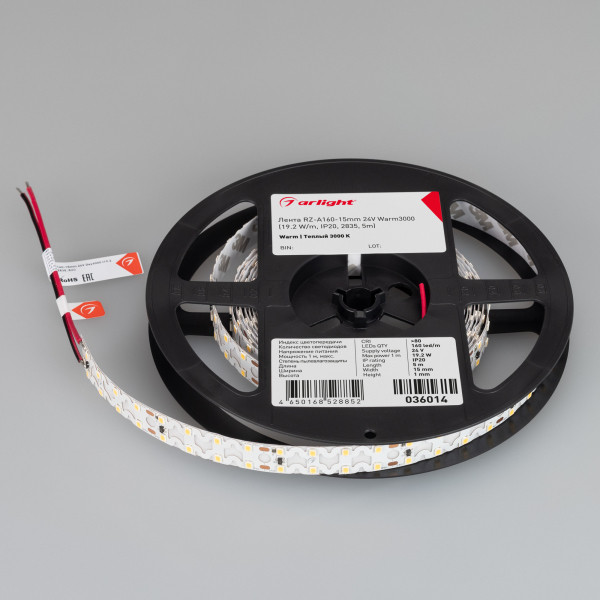 Лента RZ-A160-15mm 24V Warm3000 (19.2 W/m, IP20, 2835, 5m), Arlight 036014. Цена указана за 5 метров. Продается кратно 5 метрам.