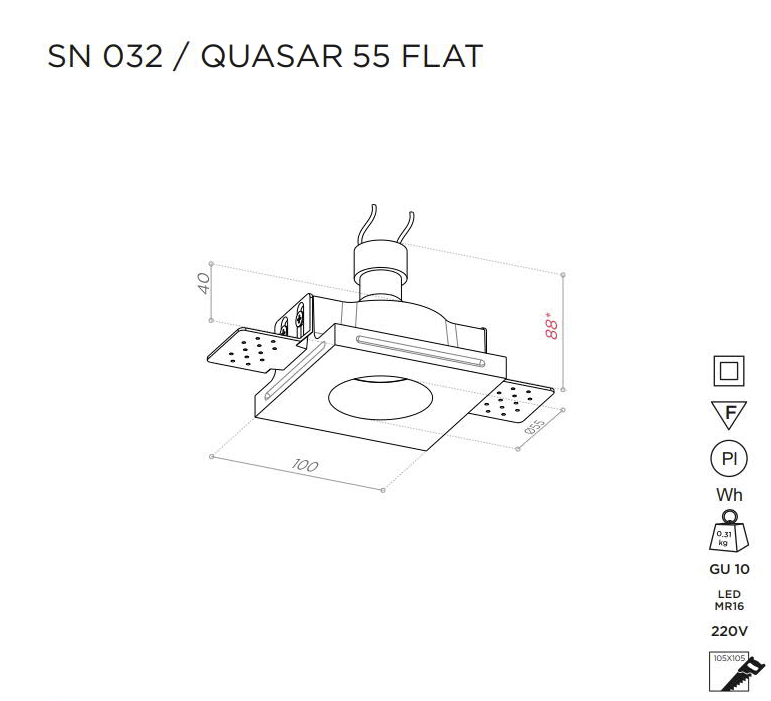 встраиваемый гипсовый светильник  QUASAR 55 FLAT SN 032