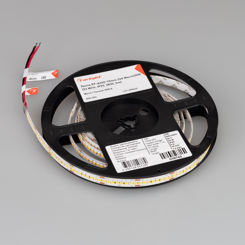 Лента RT-A240-10mm 24V Warm3000 (22 W/m, IP20, 2835, 5m) (Arlight, высок.эфф.150 лм/Вт) 038745. Цена указана за 5 метров. Продается кратно 5 метрам.