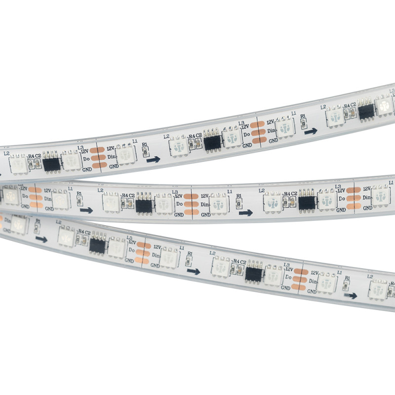 Лента герметичная SPI-PFS-B60-12mm 12V RGB-PX3 (14.4W/m, IP68, 5060, 5m) (Arlight, бегущий огонь) 026155(3). Цена указана за 5 метров. Продается кратно 5 метрам.