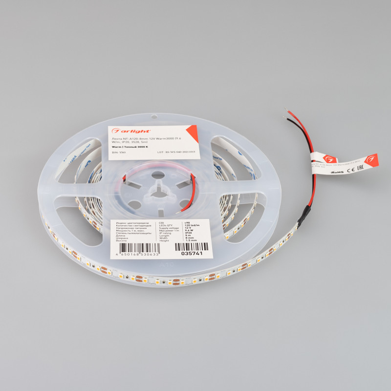 Светодиодная лента NT-A120-8mm 12V Warm3000 (9.6 W/m, IP20, 3528, 5m) (Arlight, 9.6 Вт/м, IP20) 035741