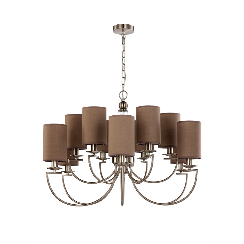 Подвесная люстра Favourite Argo 2934-12P, D880*H615/1680, никеля, плафоны из коричневой ткани, декоративный элемент из прозрачного стекла