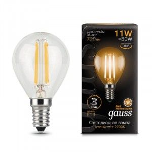 105801111 Лампа Gauss Filament Шар 11W 720lm 2700К Е14 LED 1/10/50