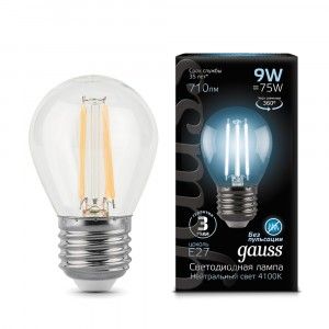 Лампа светодиодная филаментная E27 9W 4100K Gauss Filament Шар G45 прозр. 80x45 105802209 дневной свет