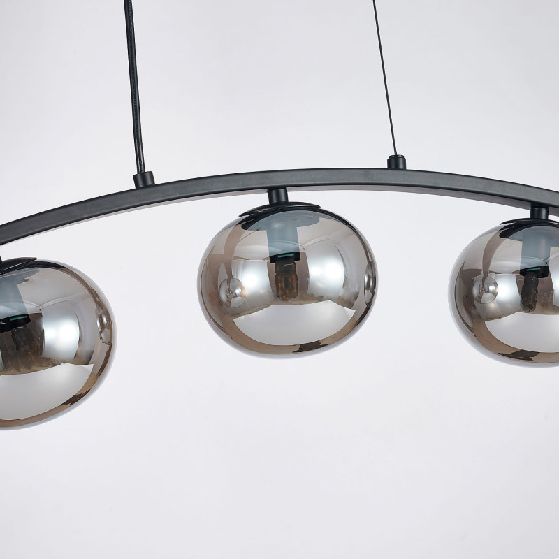 Подвесная люстра Favourite Arcata 4054-3P, L540*W130*H210/1360, дугообразный каркас матового черного цвета, серые плафоны с зеркальной тонировкой из выдувного стекла, лампу G9 можно менять, часть каркаса фиксируетс