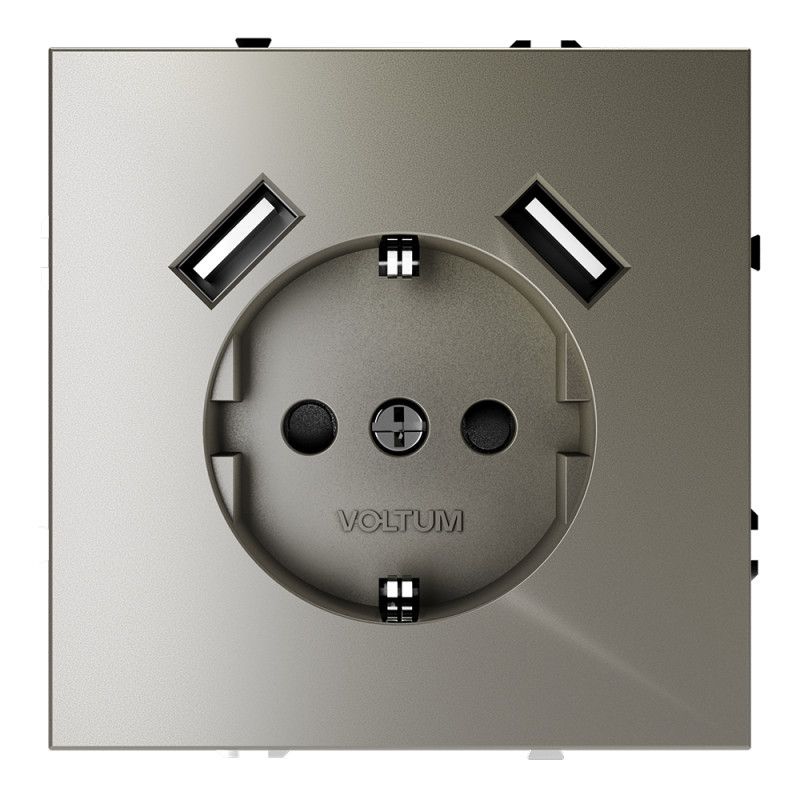 Розетка встраиваемая Voltum S70 с заземлением и защитными шторками, 16А, с USB, A+A, шелк пластик Soft touch VLS040404