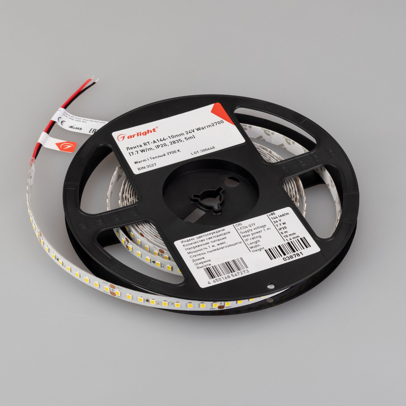 Лента RT-A144-10mm 24V Warm2700 (7.7 W/m, IP20, 2835, 5m) (Arlight, высок.эфф.200 лм/Вт) 038781. Цена указана за 5 метров. Продается кратно 5 метрам.