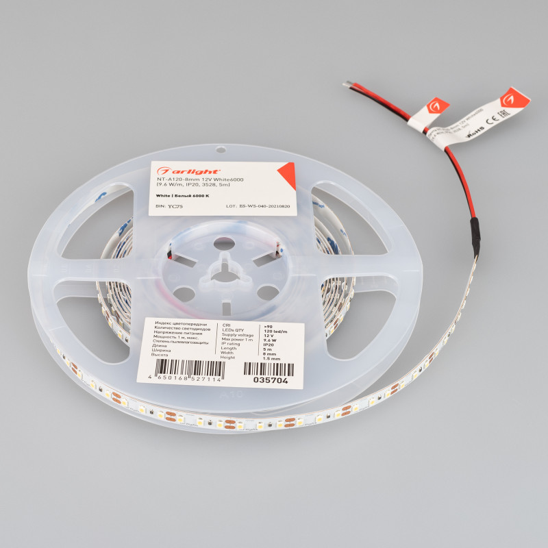 Лента NT-A120-8mm 12V White6000 (9.6 W/m, IP20, 3528, 5m) (Arlight, Открытый) 035704. Цена указана за 5 метров. Продается кратно 5 метрам.