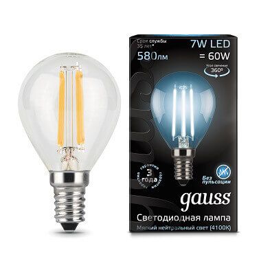 Лампа Gauss Filament Шар 7W 580lm 4100К Е14 LED