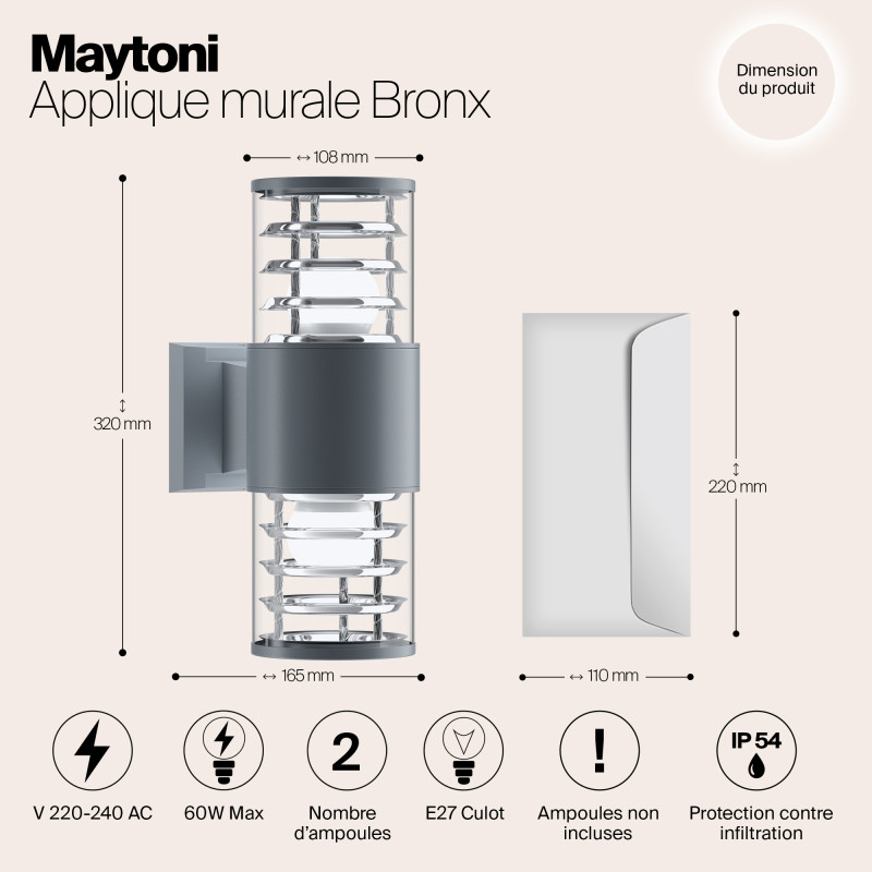 Светильник 17 см, Maytoni Bronx O576WL-02GR, серый