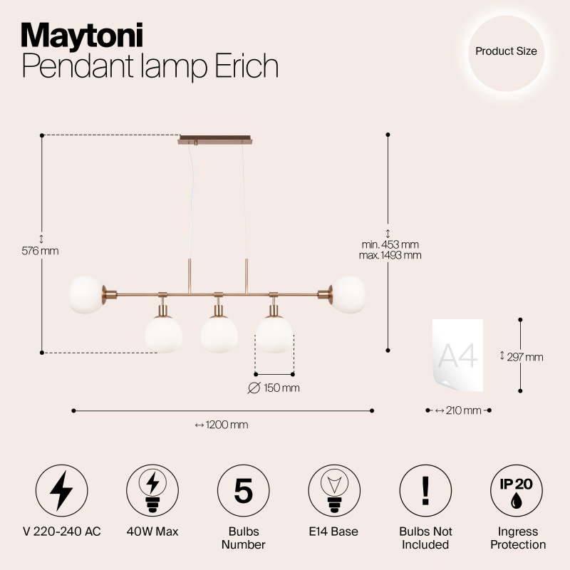 Светильник подвесной Maytoni Erich MOD221-PL-05-G, белый/золото