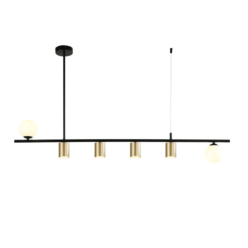 Подвесная люстра Favourite Frigus 4040-6P, L1200*W100*H670, каркас матового черного цвета, два вида плафонов из белого стекла и металла цвета золота, лампы G9 и GU10 можно менять