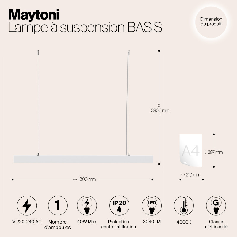 Подвесной светодиодный светильник 120 см Maytoni Vinder P051PL-L40W4K, 40W LED, 4000K, белый