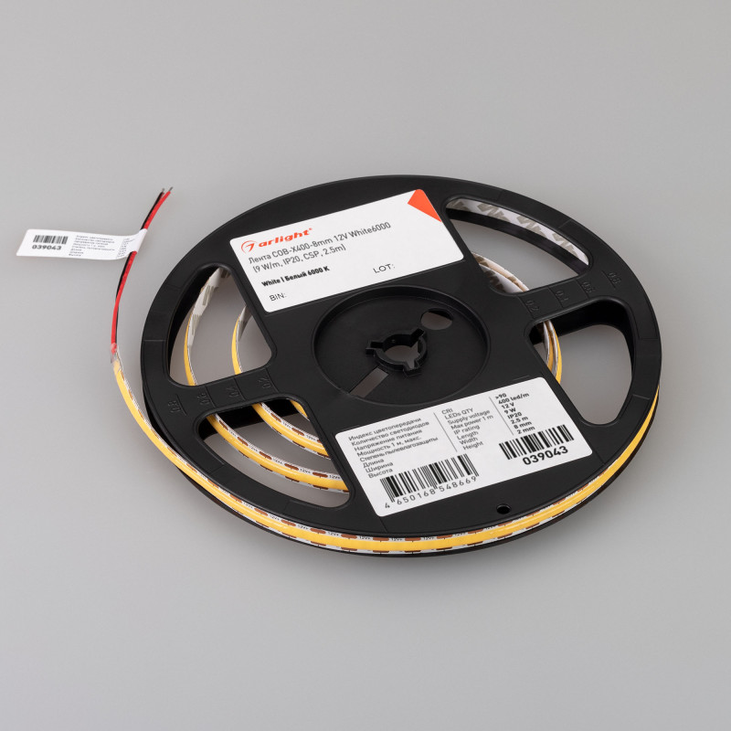 Лента COB-X400-8mm 12V White6000 (9 W/m, IP20, CSP, 2.5m), Arlight 039043. Цена указана за 2,5 метров. Продается кратно 2,5 метрам.