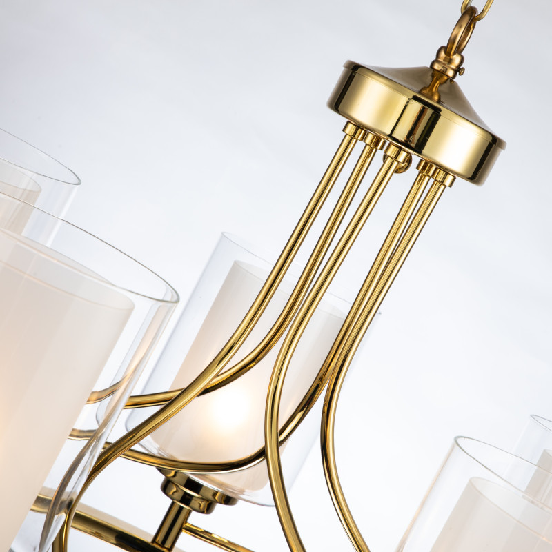 Подвесная люстра Favourite Plexus 2963-5P, D690*H500/1500, каркас золотого цвета, внутренние плафоны из белого стекла, внешние плафоны из прозрачного стекла